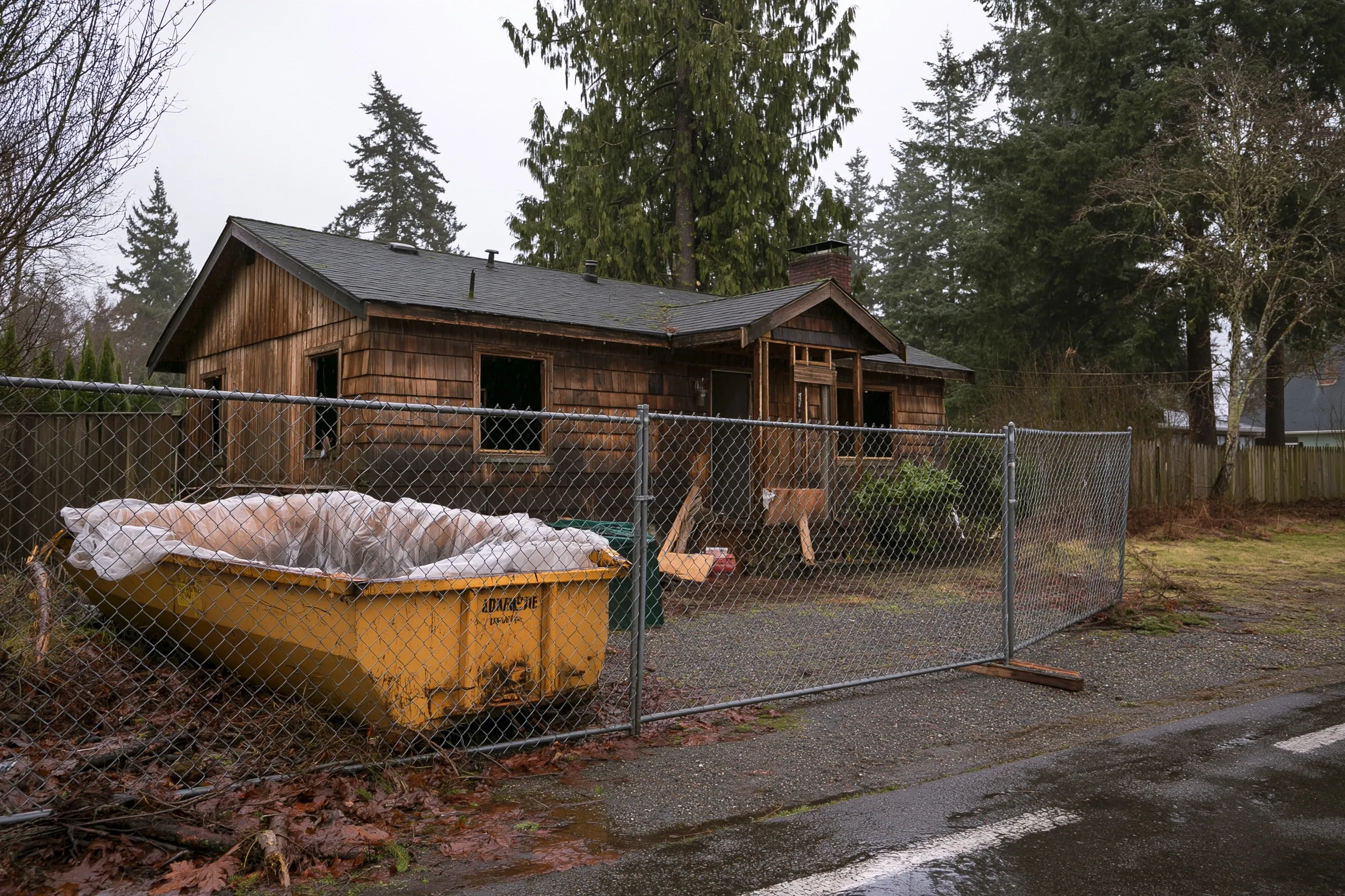 Older wood-sided house behind a chain-link fence, prepared for demolition, with a plastic-lined dumpster, wet gravel and fir trees under an overcast sky